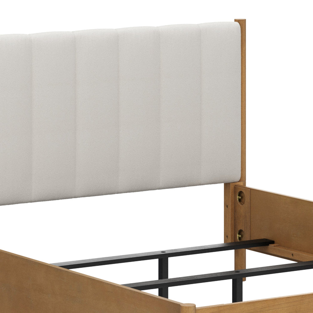 Mid-Century Queen Upholstered Bed Frame with Boucle Headboard Light Brown