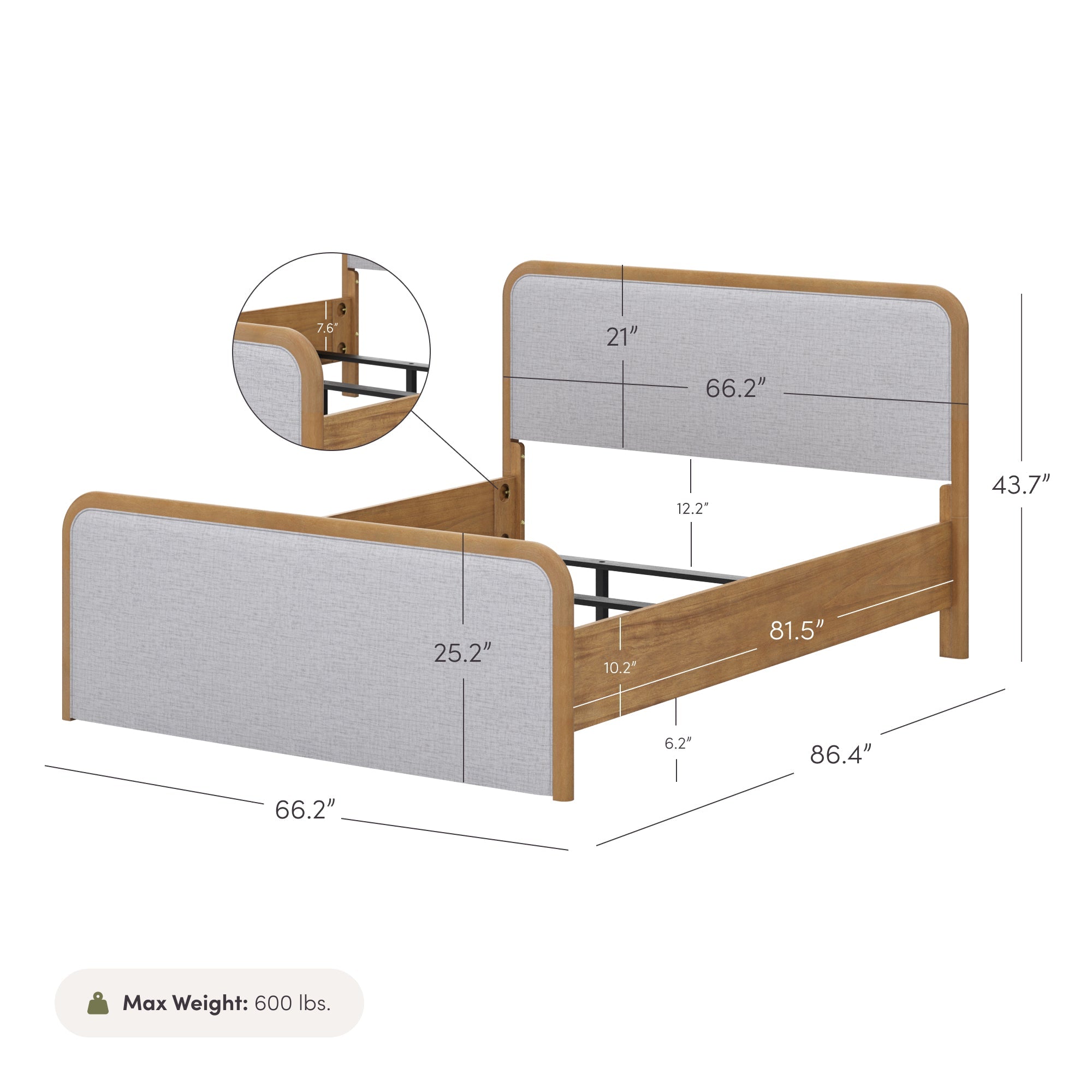 Queen Rounded Solid Wood Bed Frame in Feather Gray Upholstery