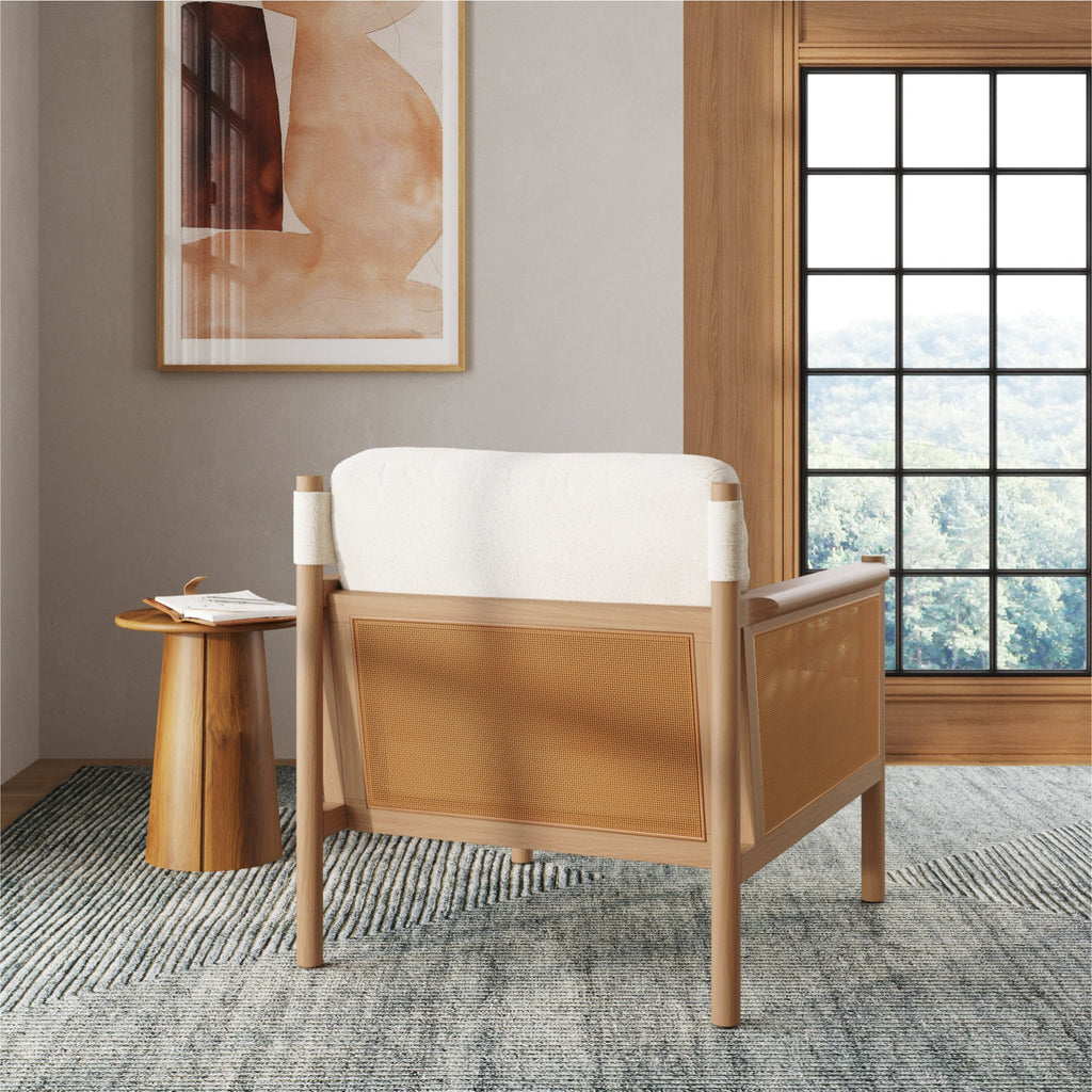 Solid Wood Boucle Accent Chair Rattan Arm Cream/Raw Oak