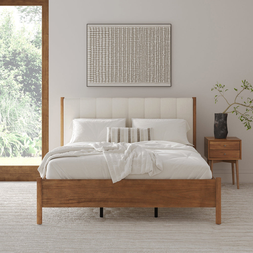 Mid-Century Queen Upholstered Bed Frame with Boucle Headboard Light Brown