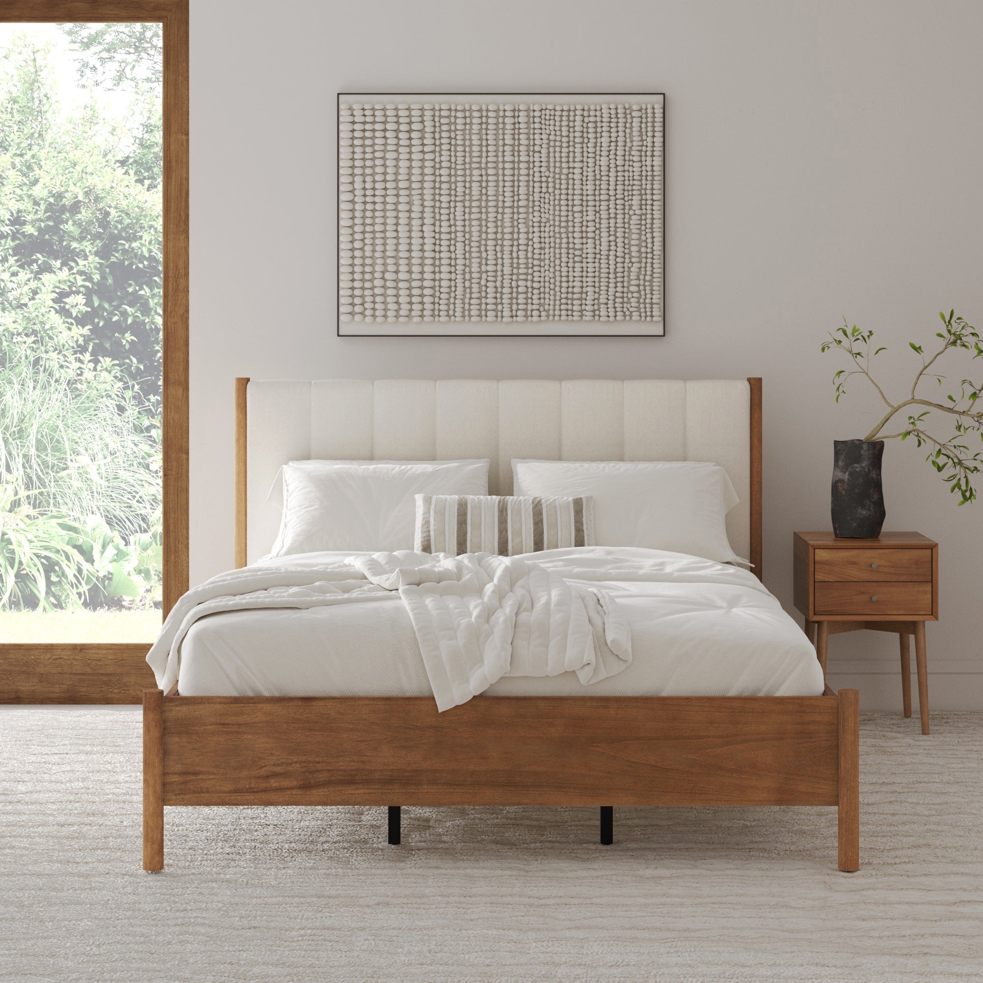 Mid-Century Queen Upholstered Bed Frame with Boucle Headboard Light Brown