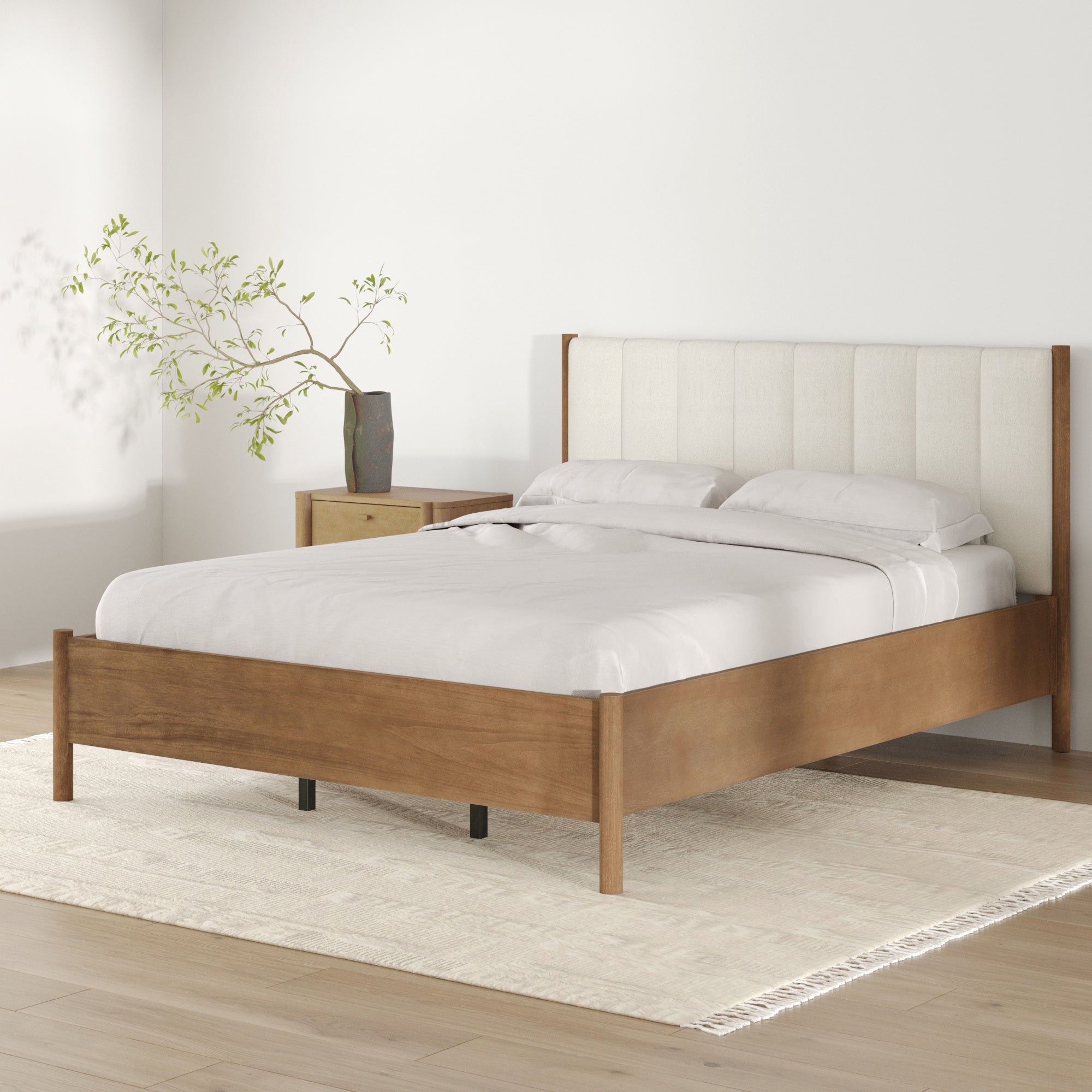 Mid-Century Queen Upholstered Bed Frame with Boucle Headboard Light Brown