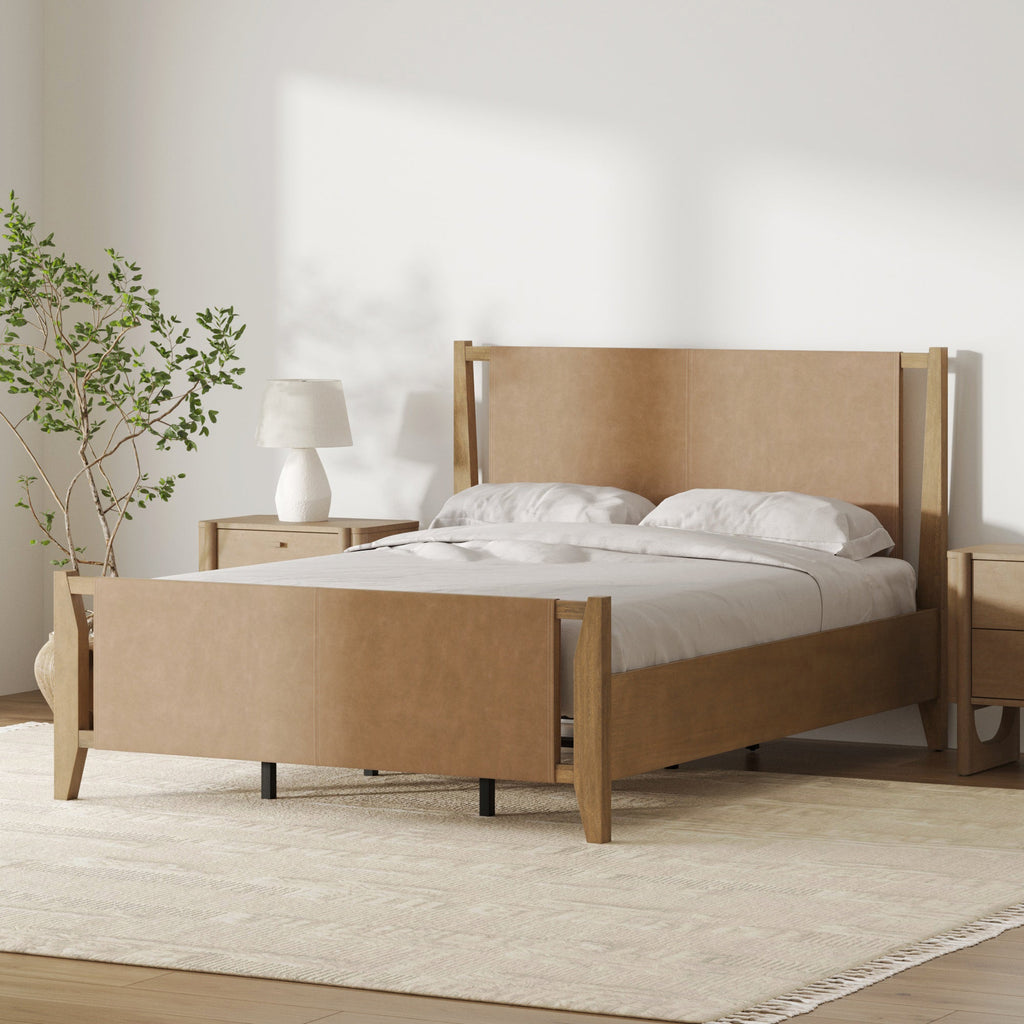 Queen Size Bed Frame Wood & Faux Leather with Headboard Light Brown