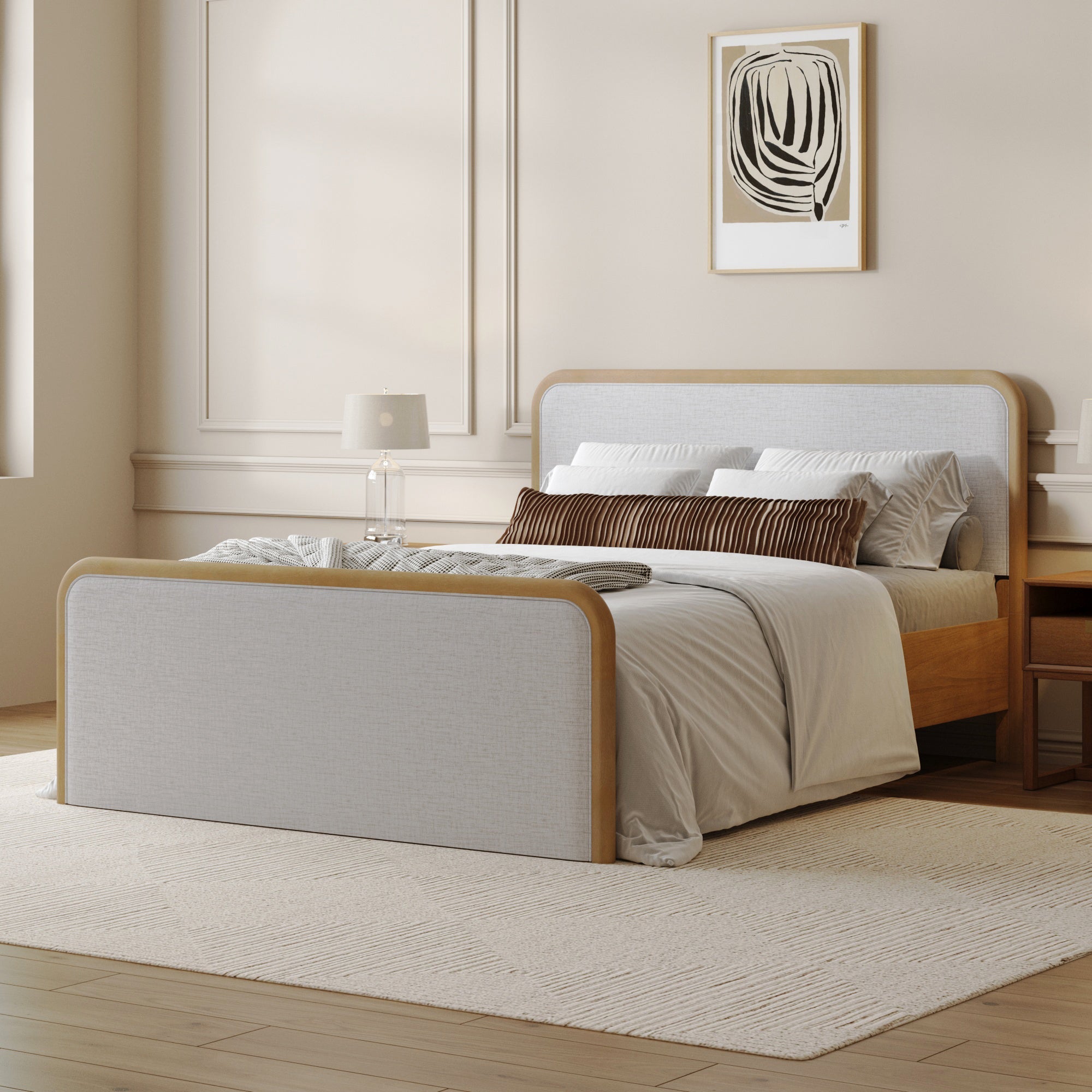 Queen Rounded Solid Wood Bed Frame in Feather Gray Upholstery