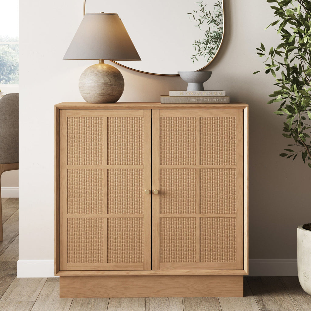 Modern Coastal Rattan Wood Sideboard Storage Cabinet Raw Oak