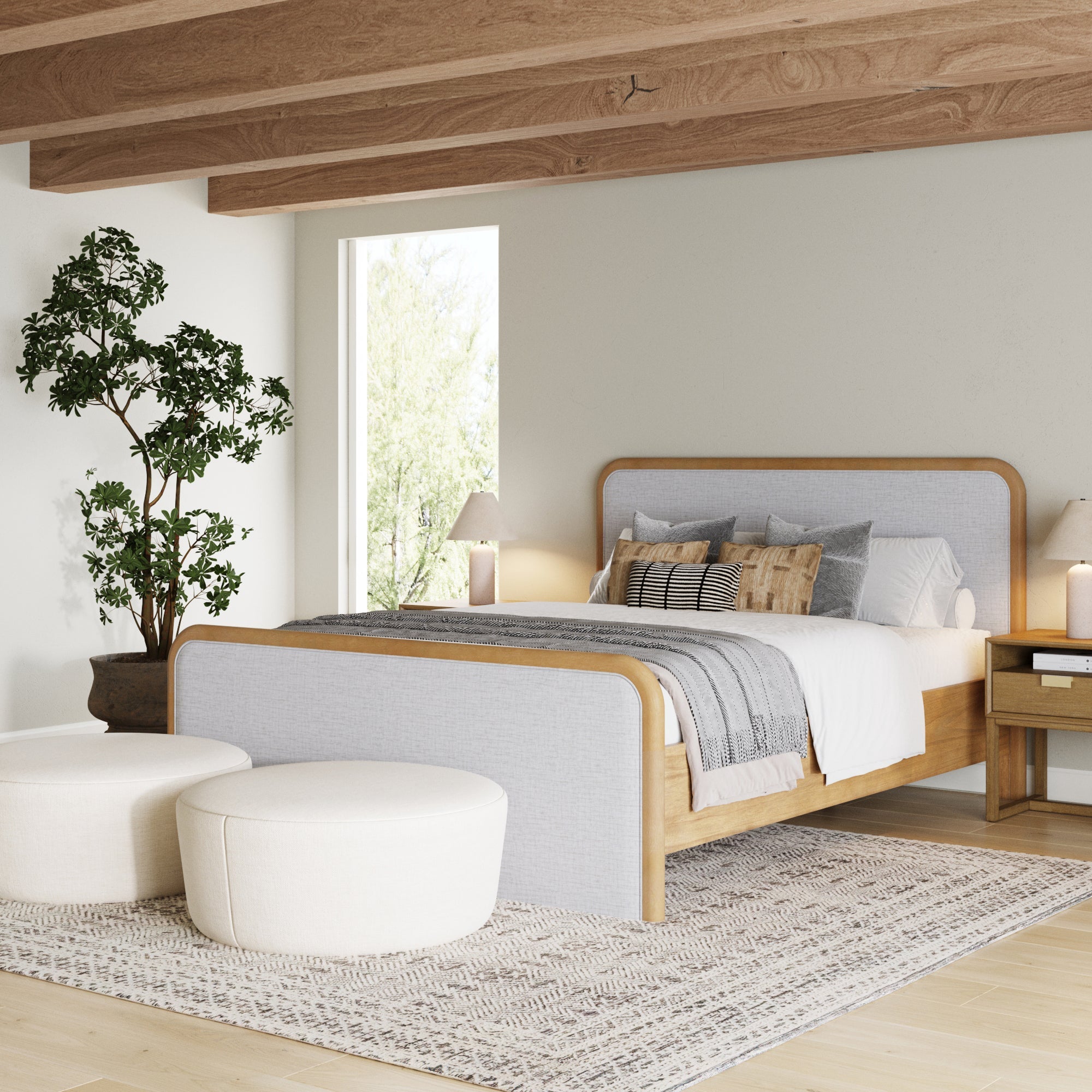 Queen Rounded Solid Wood Bed Frame in Feather Gray Upholstery