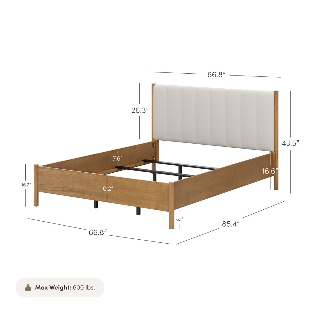 Mid-Century Queen Upholstered Bed Frame with Boucle Headboard Light Brown