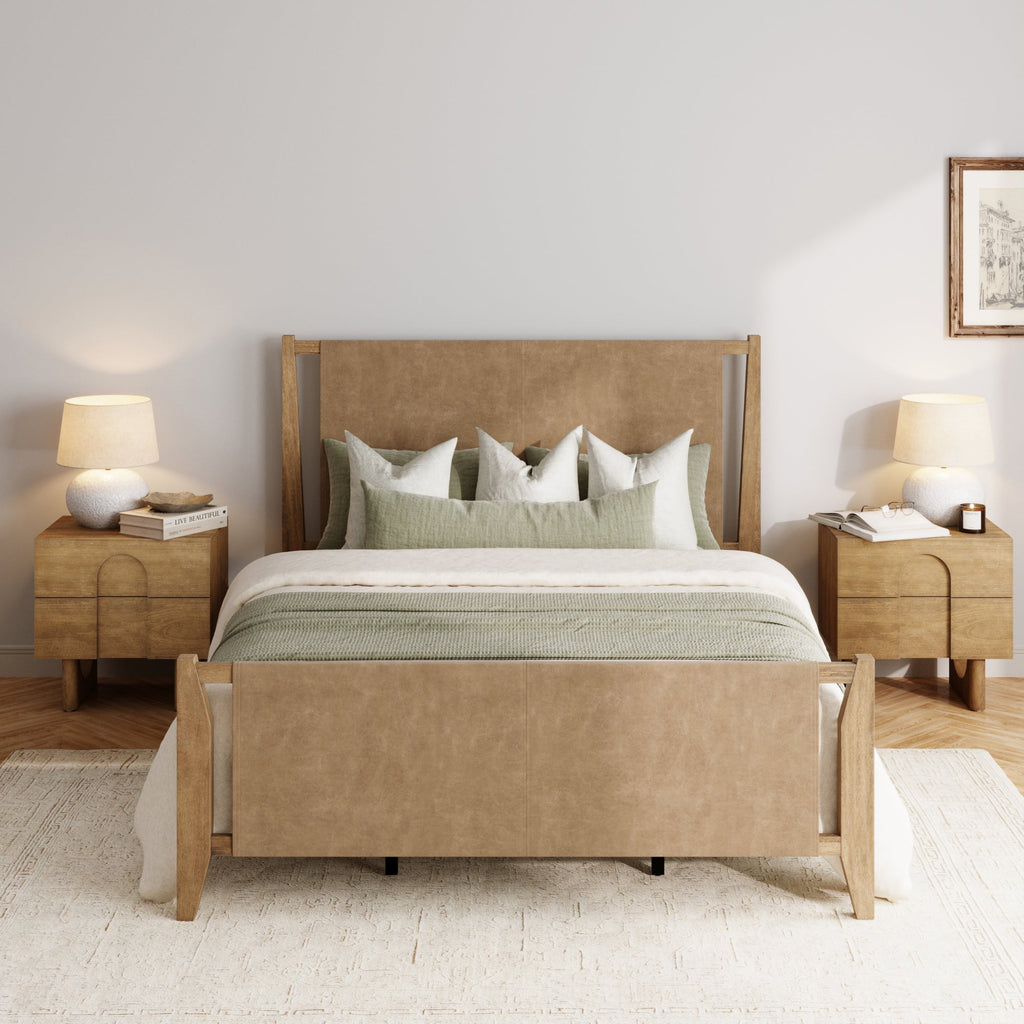 Queen Size Bed Frame Wood & Faux Leather with Headboard Light Brown